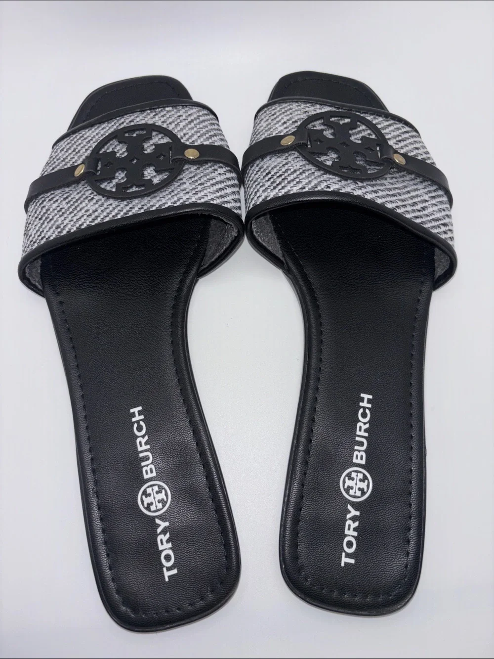 Tory Burch Black & White Logo Tweed Slide Sandals